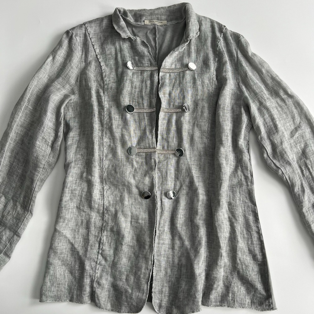 Gigi Moda OS Gray Linen Blend Military Jacket Made in Italy Rhinestones Raw Edge
